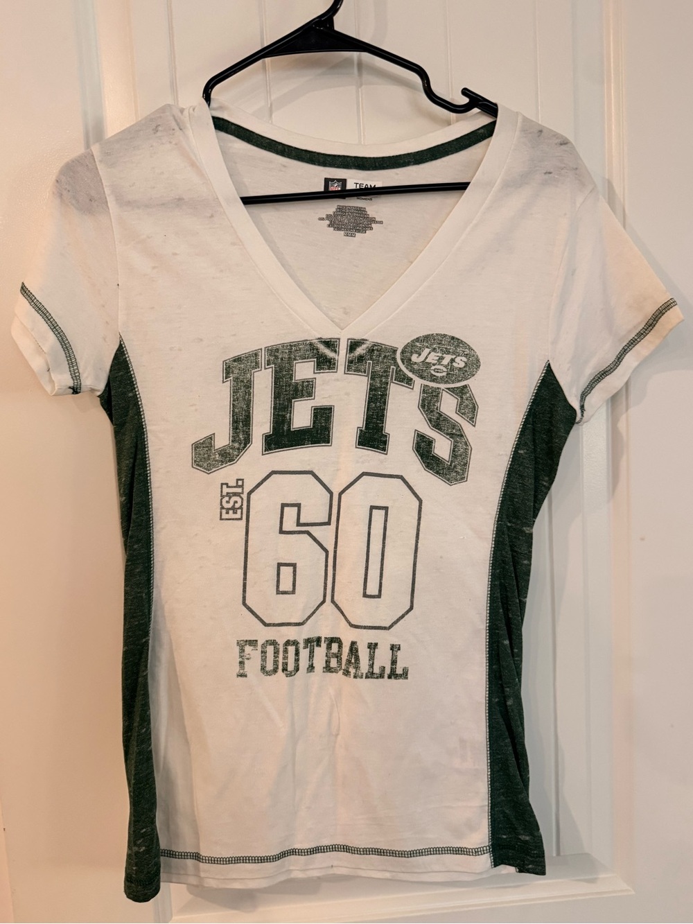 Jets White & Green V-Neck Football Tee